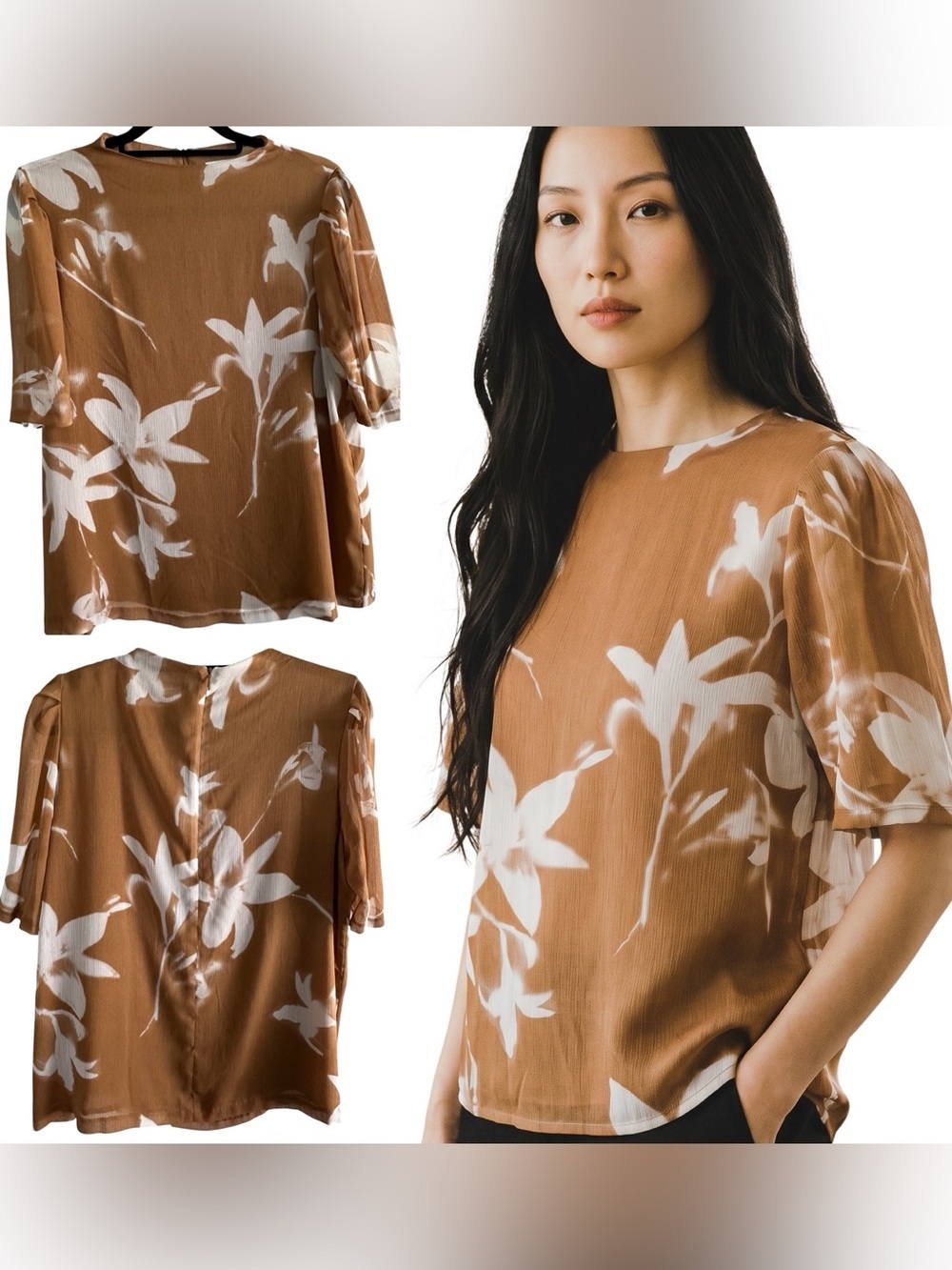Calvin Klein Tan Blouse White Floral Print Short Sheer Sleeves Lined Size Large